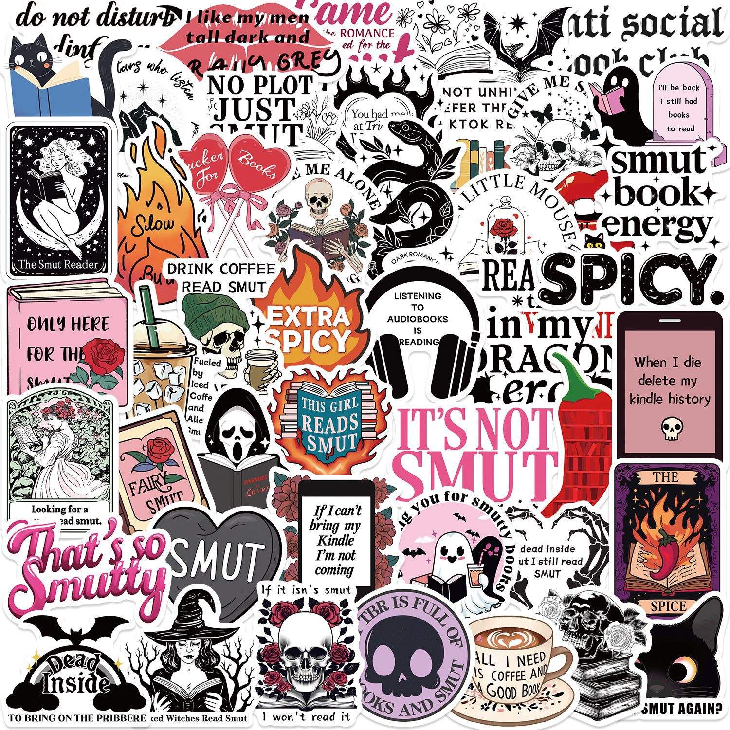 10-50 PCS Smutty Dark Romance Book Stickers for Kindle, Notebook, Bookish Reader Themed Sticker Pack Waterproof, Holographic (see bulk rate)